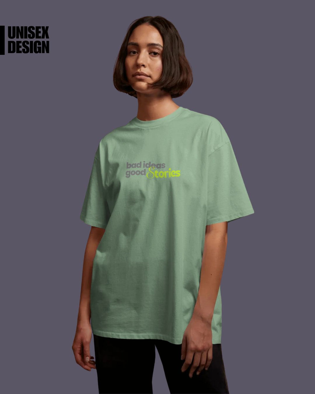 Jade | Street Wear Co Bad Ideas Good Stories oversized t-shirt with typographic print