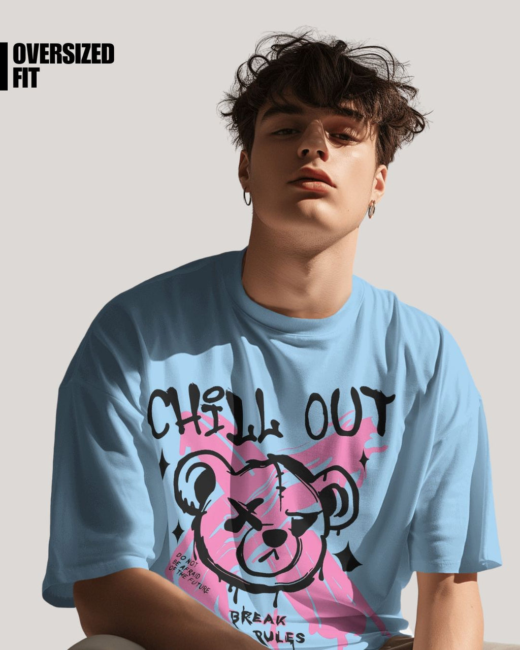 Baby Blue | Street Wear Co Chill Out Break The Rules oversized t-shirt with graffiti bear graphic
