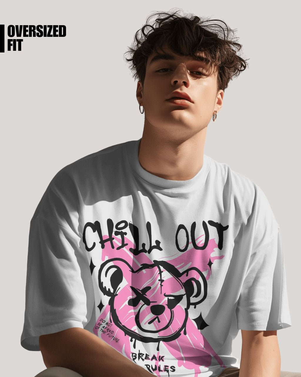 White | Street Wear Co Chill Out Break The Rules oversized t-shirt with graffiti bear graphic