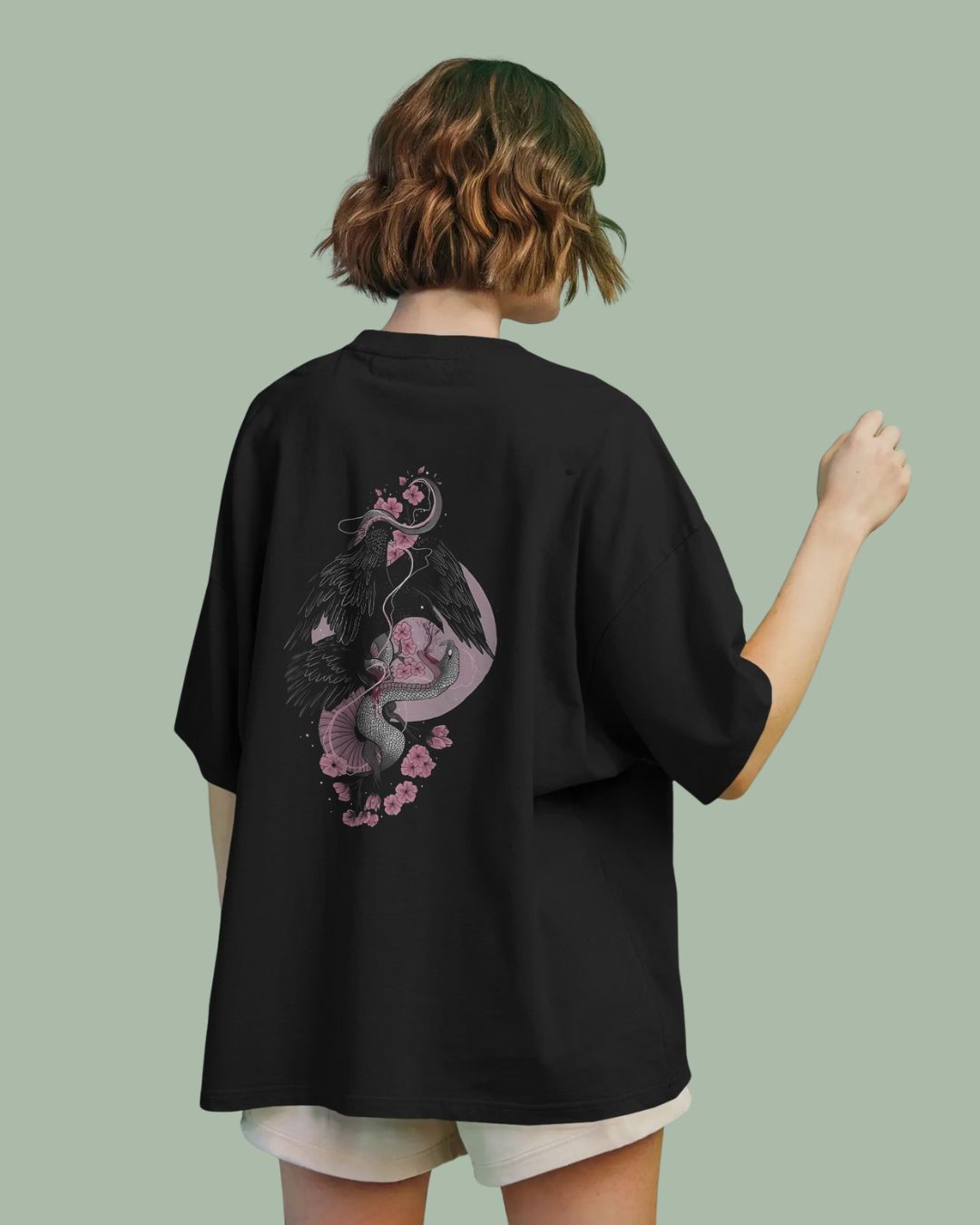 Black | Street Wear Co FALLEN BLOOM oversized t-shirt with serpent and raven graphic