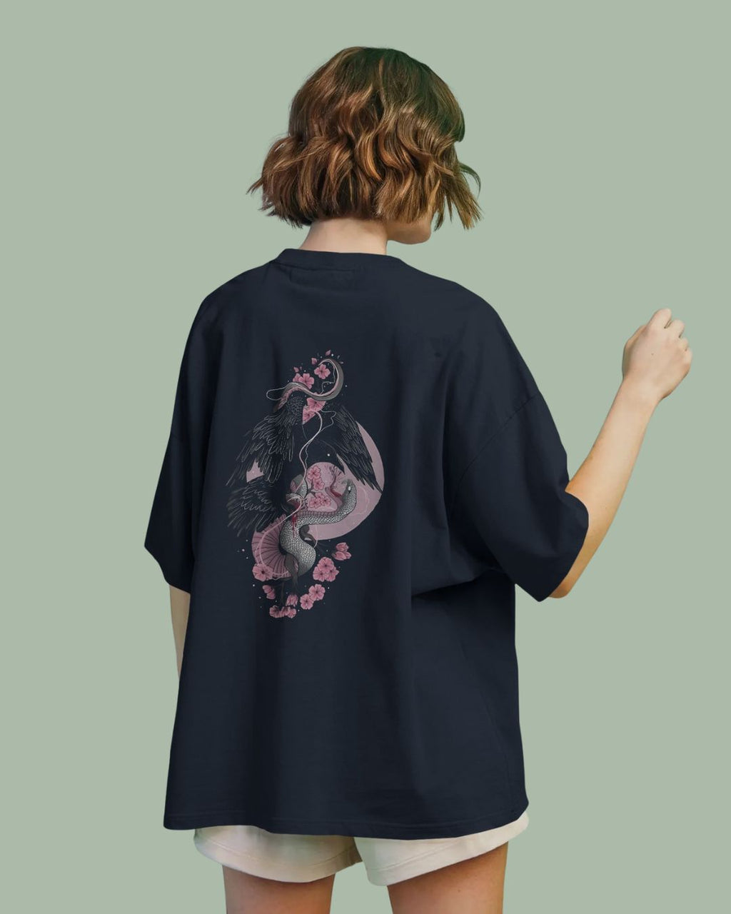 Navy Blue | Street Wear Co FALLEN BLOOM oversized t-shirt with serpent and raven graphic
