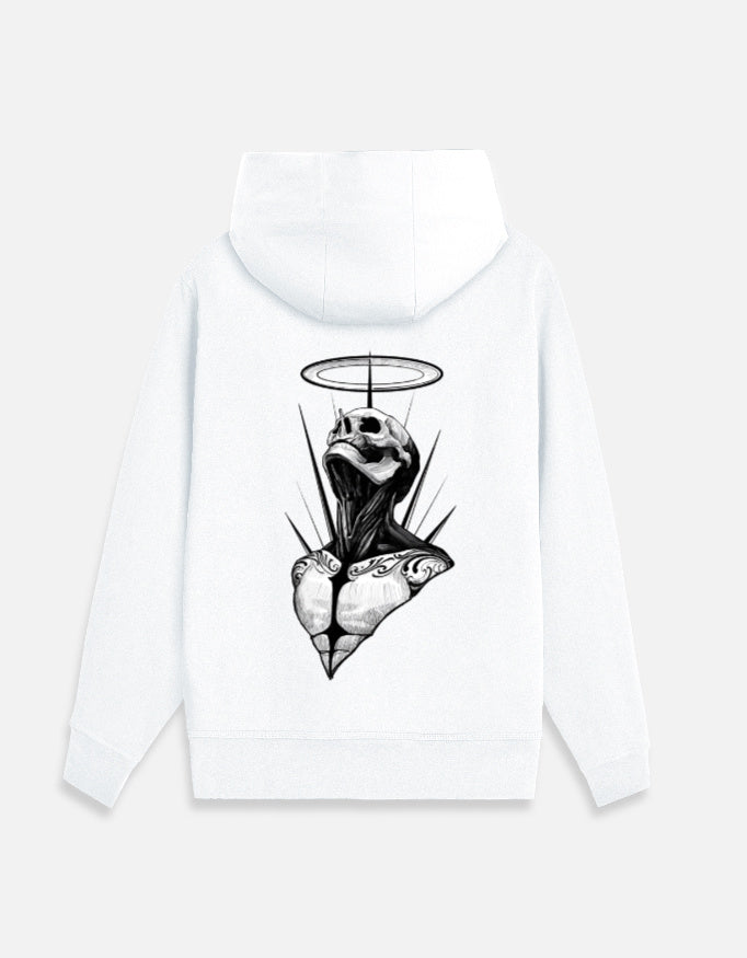 White | Street Wear Co Fallen Saint oversized zip hoodie with skeletal halo artwork