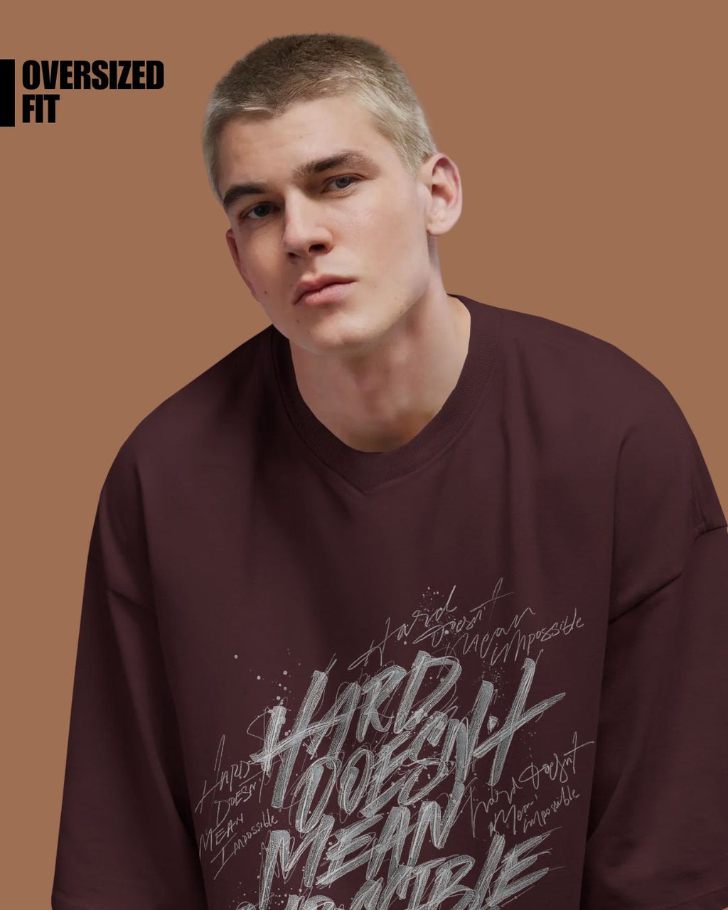 Maroon | Street Wear Co Hard Doesn’t Mean Impossible oversized t-shirt with raw graffiti calligraphy
