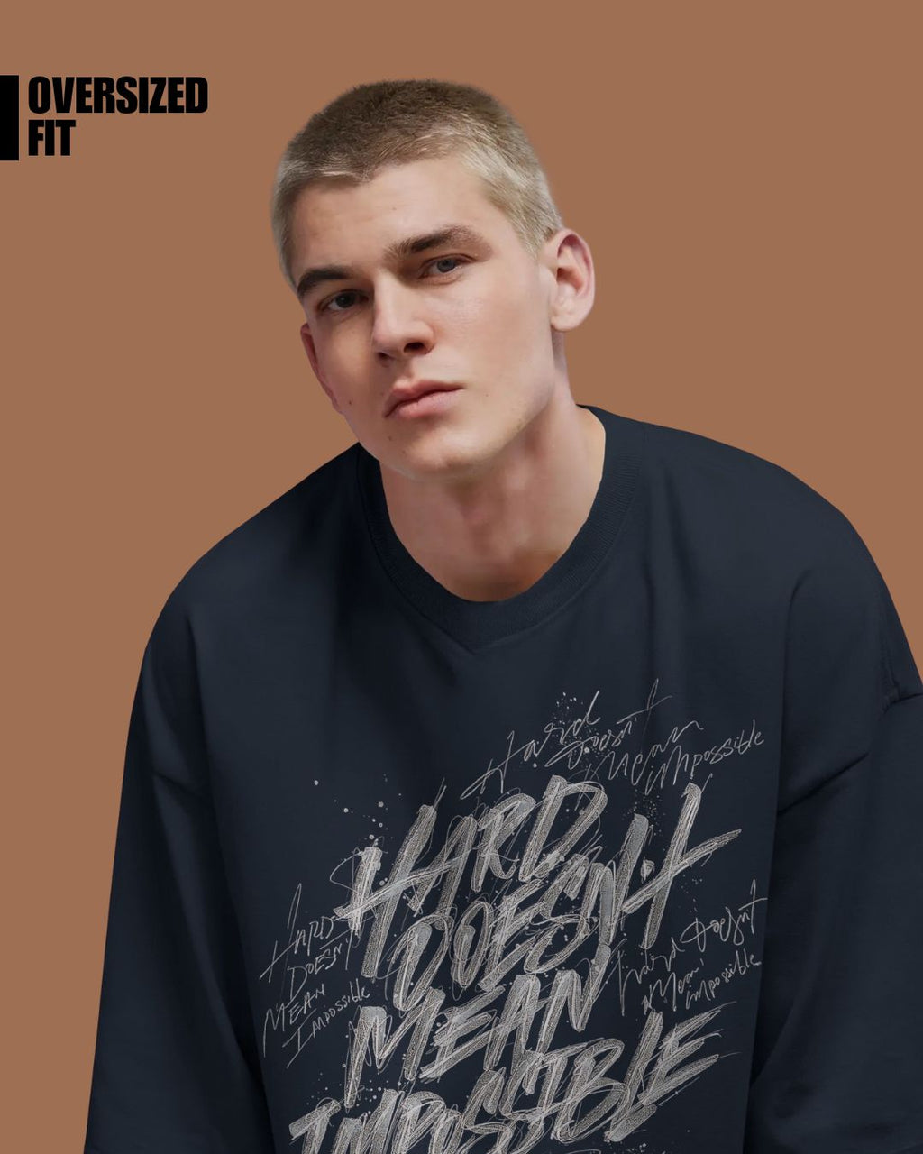 Navy Blue | Street Wear Co Hard Doesn’t Mean Impossible oversized t-shirt with raw graffiti calligraphy